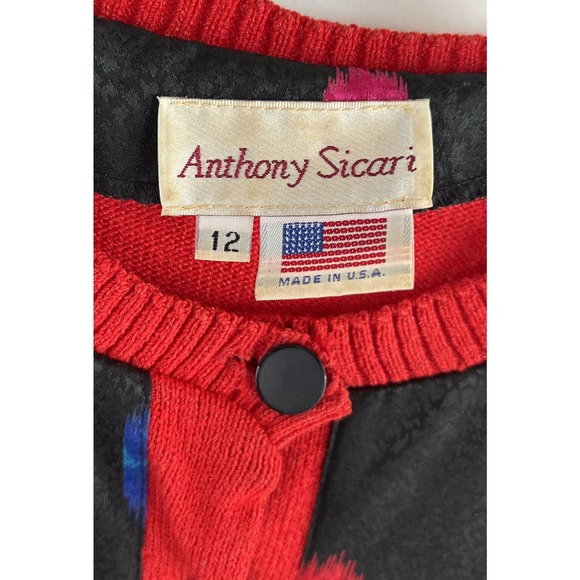 VTG Anthony Sicari Women's Sweater Long Sleeve Button Up Red/Black Sz 12 - Picture 2 of 10